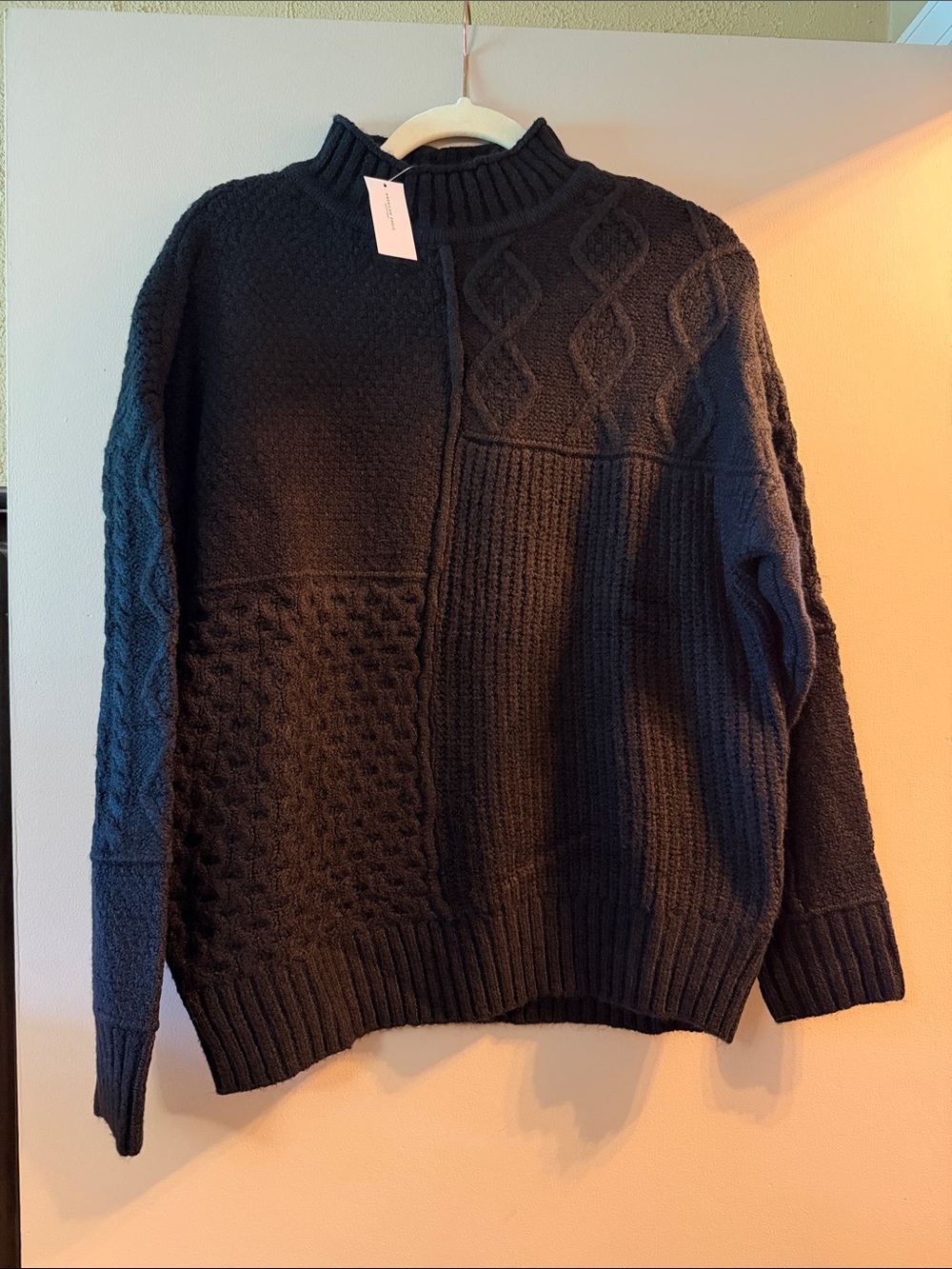 American Eagle Outfitters Black Patchwork Cable-Knit Turtleneck Sweater